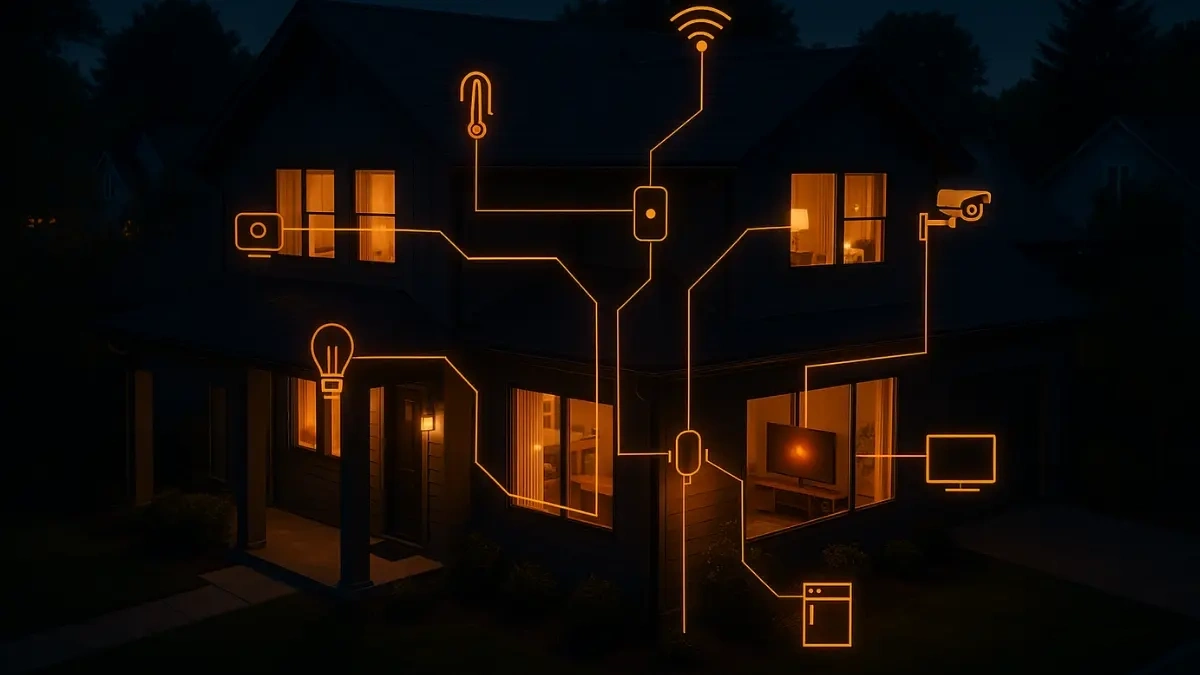 Smarthome mit digital vernetzten Geräten und leuchtenden Datenlinien.