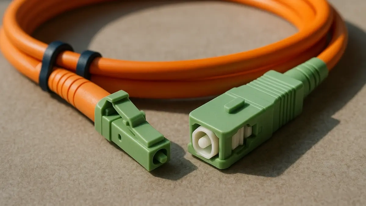  Orangefarbenes Glasfaser Kabel auf Tisch.