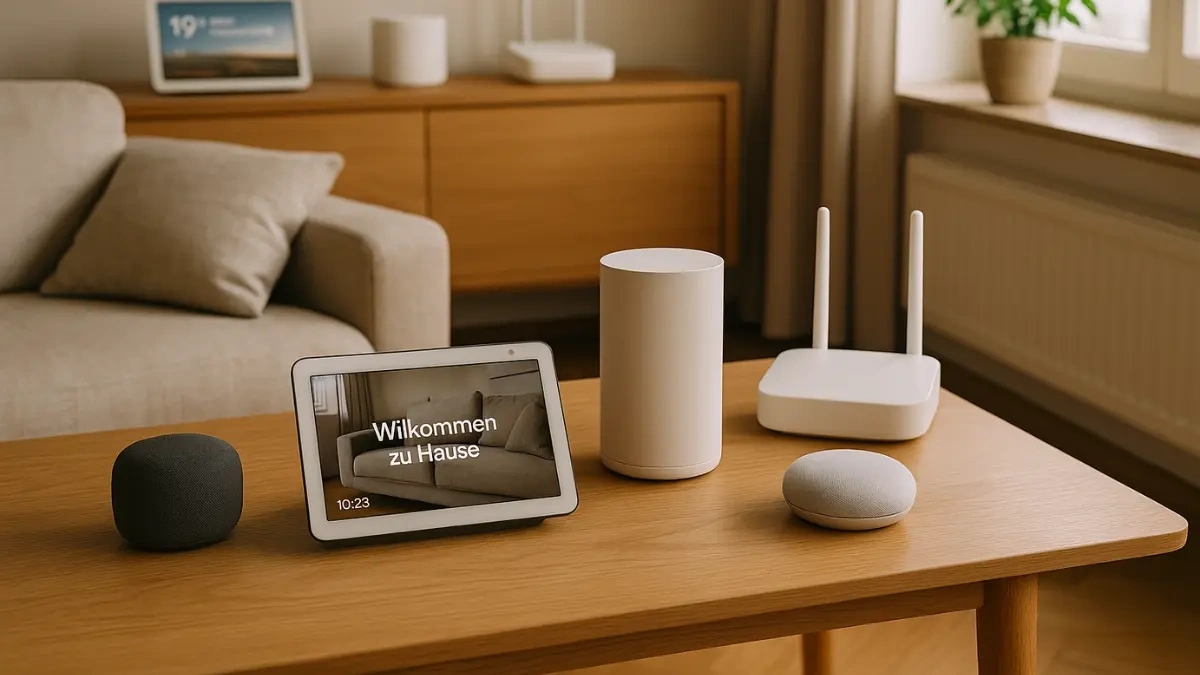 Smart-Home-Geräte und Router auf einem Wohnzimmertisch mit Tablet und WLAN-Router.