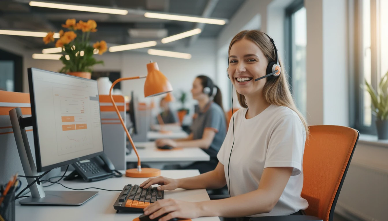 Lächelnde Mitarbeiterin mit Headset sitzt an einem Computerarbeitsplatz in einem modernen Büro. Bild KI-generiert