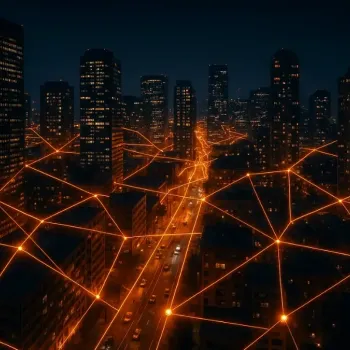 Visualisierung von Datenübertragung über ein Stadtnetz.
