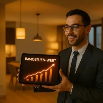 Geschäftsmann hält ein Schild mit dem Wort „Immobilienwert