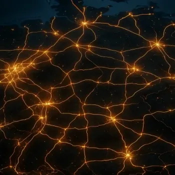 Leuchtende Datenverbindungen symbolisieren die digitale Vernetzung in einer modernen Stadt.