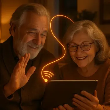 Älteres Paar sitzt auf dem Sofa und nutzt ein Tablet, verbunden durch ein leuchtendes Glasfaserkabel.