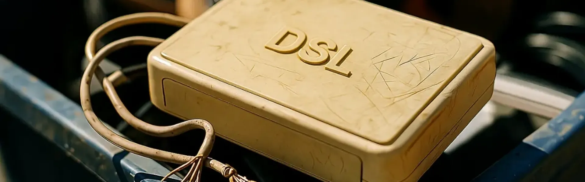 Vergilbte DSL-Anschlussdose mit abgetrenntem Kabel in einer Kiste.